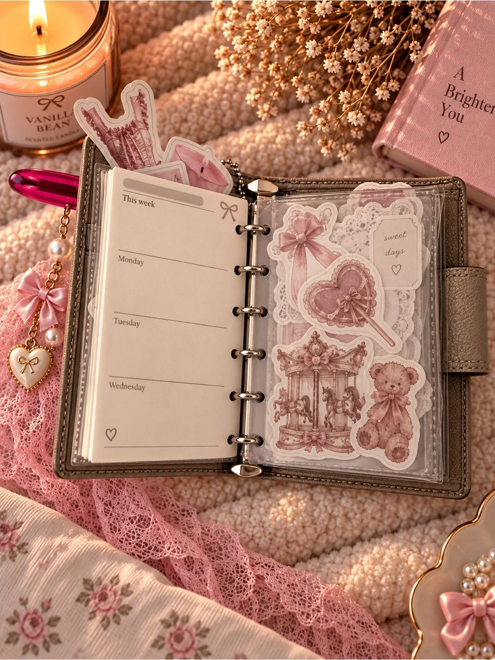Coach Taupe Leather Card Holder with Pink Bow Charm and Hot Pink Pen